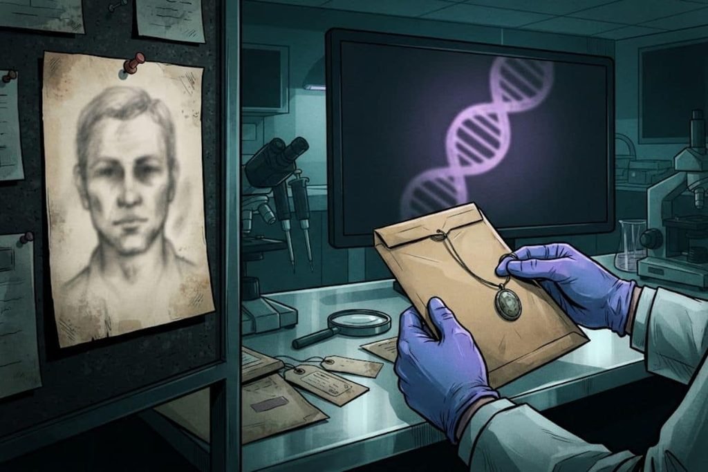 Ilustrasi petugas forensik memegang map bukti di laboratorium dengan layar monitor DNA forensik, mengarah ke sketsa age-progression Doodler yang tertempel di papan investigasi kepolisian, mencerminkan perburuan yang belum berakhir.