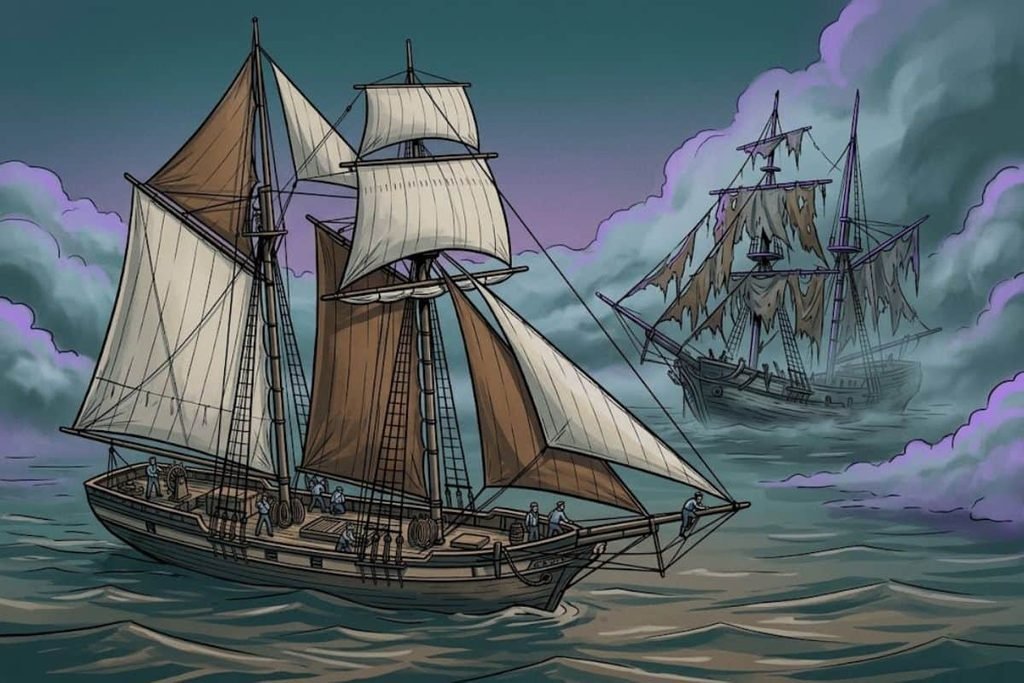 Ilustrasi awak kapal layar Ellen Austin yang berpapasan dengan sebuah kapal derelict misterius tanpa awak di tengah Samudra Atlantik pada 1881.