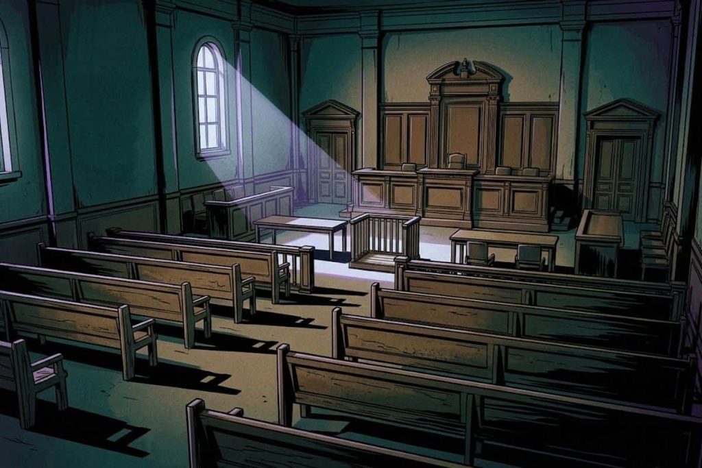 Ilustrasi ruang sidang pengadilan yang kosong dan suram, merepresentasikan kontroversi pengadilan Pietro Pacciani dan vonis yang runtuh dalam kasus Monster of Florence.