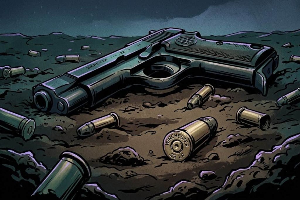 Ilustrasi pistol Beretta kaliber .22 dan selongsong peluru Winchester berserakan di atas tanah, merepresentasikan tanda tangan senjata pembunuh dalam misteri Monster of Florence.