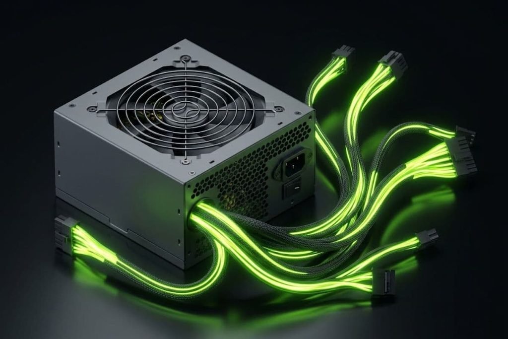 Ilustrasi 3D power supply unit dengan kabel beraliran cahaya hijau, merepresentasikan fungsi PSU sebagai sumber tenaga utama untuk seluruh komponen PC gaming.
