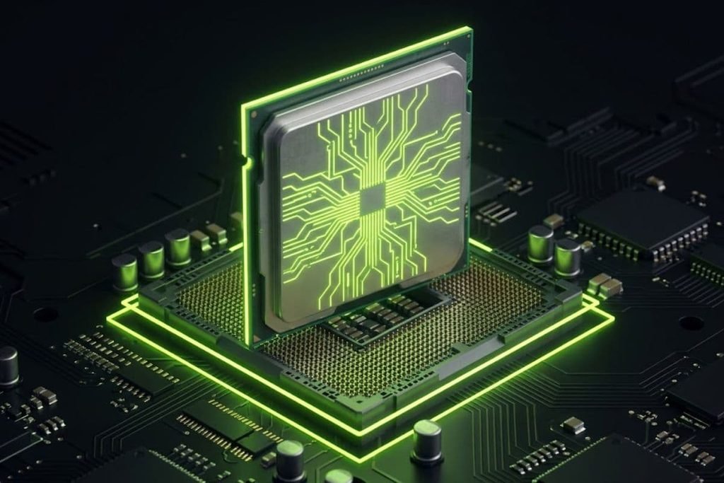 Ilustrasi 3D prosesor komputer dengan sirkuit bercahaya hijau di atas motherboard, merepresentasikan CPU sebagai komponen otak PC gaming.