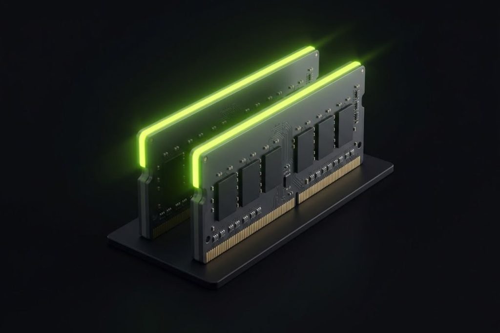 Ilustrasi 3D dua keping RAM bercahaya hijau, merepresentasikan konfigurasi dual channel pada memori yang berfungsi sebagai meja kerja sementara komponen PC gaming.