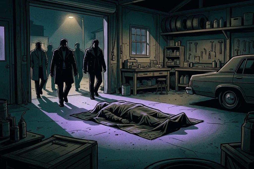 Ilustrasi siluet anggota mafia mendatangi sesosok mayat tertutup terpal di dalam garasi remang-remang, merepresentasikan rantai pembunuhan berantai pasca-perampokan Lufthansa Heist.