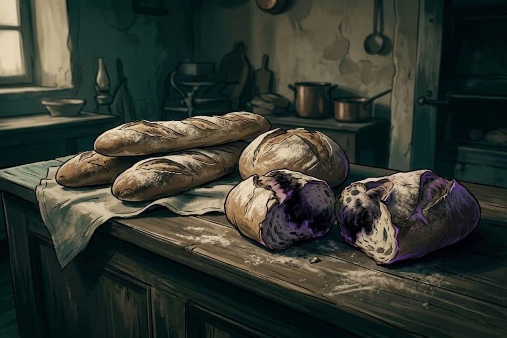 Ilustrasi roti dengan bagian dalam memendarkan warna ungu misterius di meja kayu, merepresentasikan awal mula tragedi misteri roti beracun Pont-Saint-Esprit akibat tepung gandum hitam yang terkontaminasi.