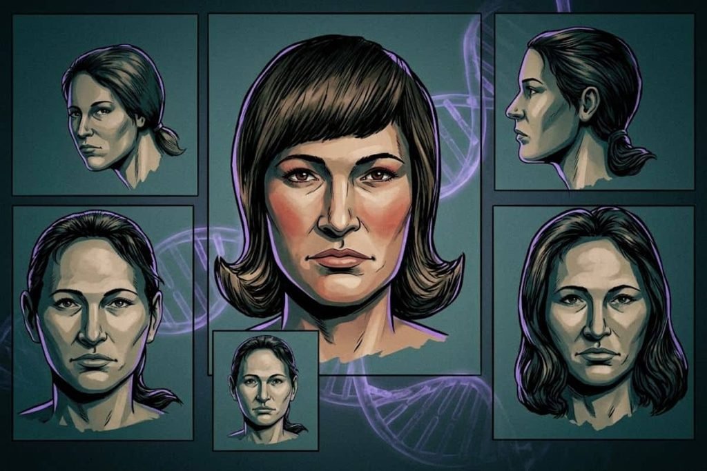 Ilustrasi rekonstruksi wajah Isdal Woman dari berbagai sudut dengan latar untaian DNA, merepresentasikan terobosan sains modern dan forensik dalam memecahkan misteri.