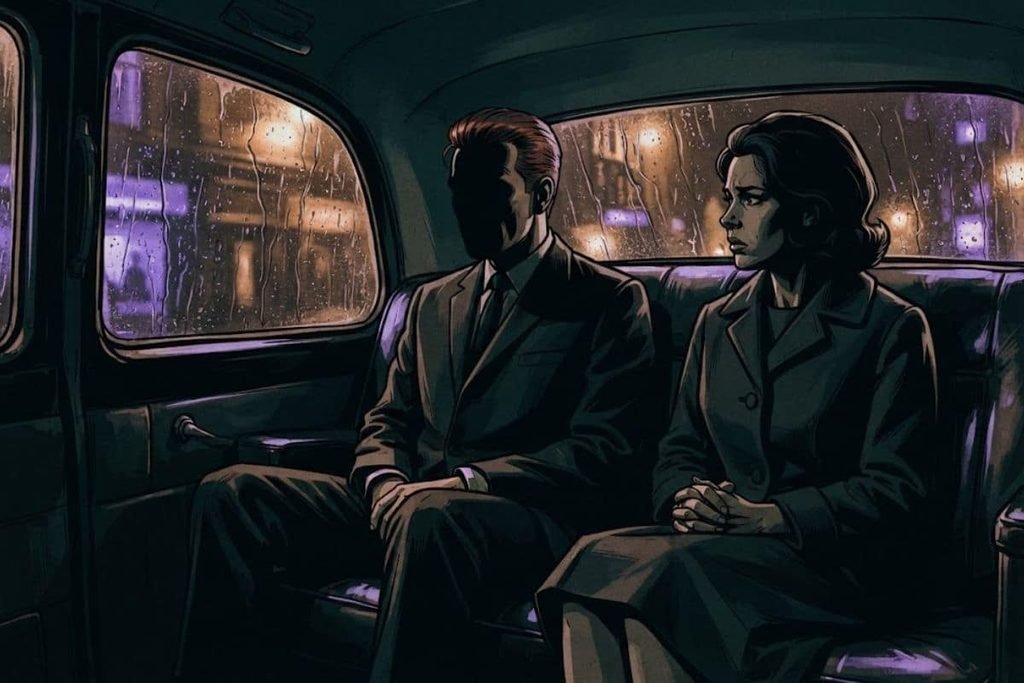 Ilustrasi wanita mengamati pria misterius tanpa wajah di kursi belakang taksi malam hari, merepresentasikan momen saksi kunci mengingat ciri-ciri pembunuh berantai Bible John.