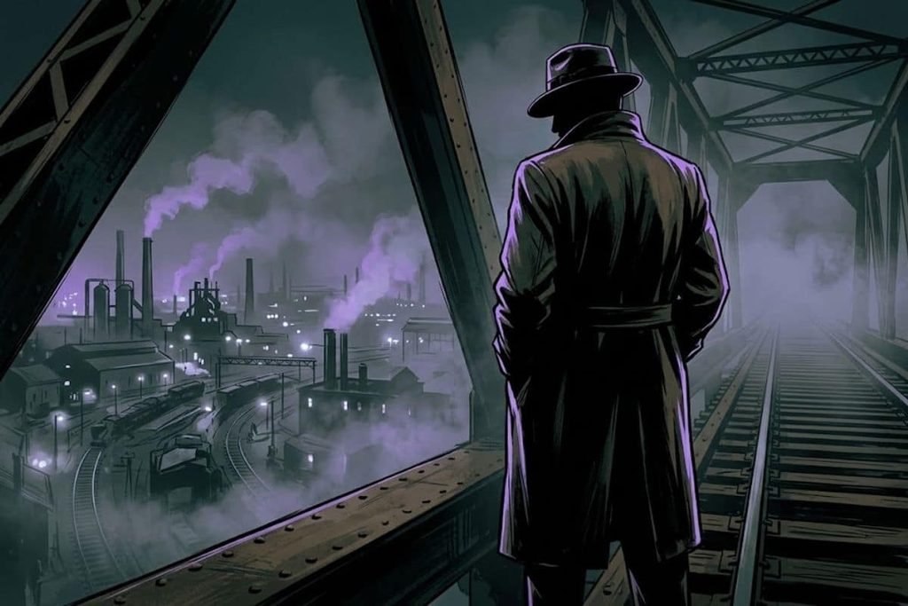 Ilustrasi siluet pria bermantel dan bertopi fedora menatap kawasan industri berasap, merepresentasikan sosok Eliot Ness yang turun tangan menyelidiki kasus Cleveland Torso Murders.