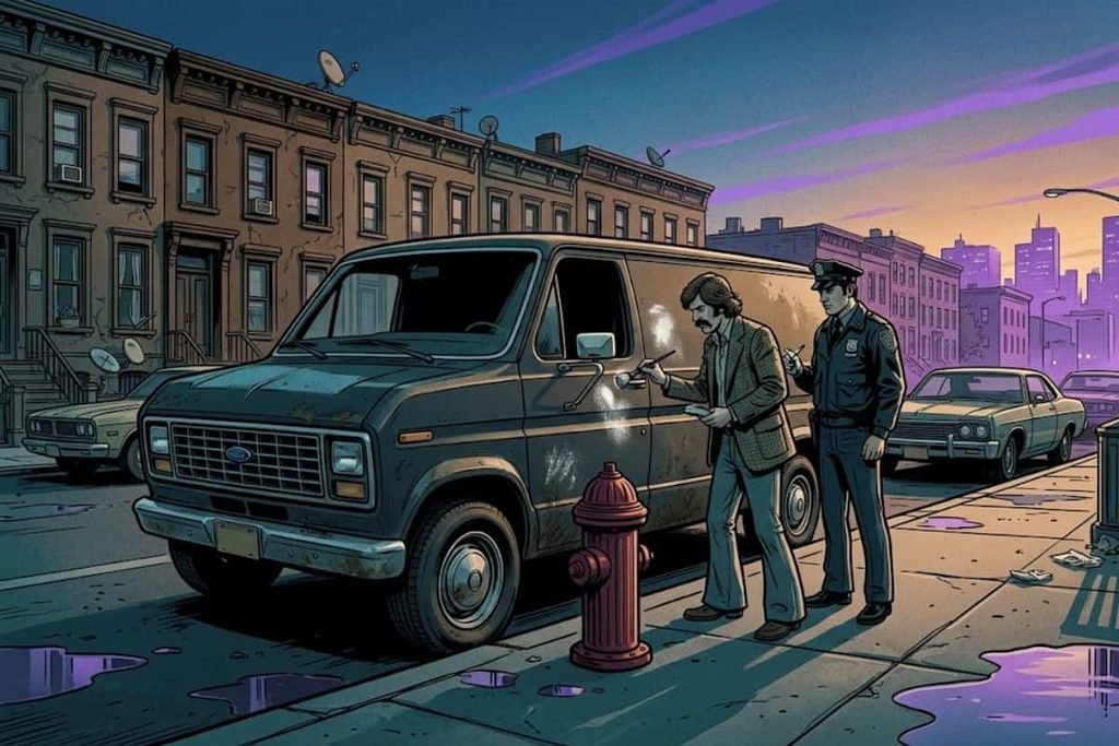 Ilustrasi penyelidik FBI sedang mengambil sidik jari pada van perampokan Lufthansa yang ditemukan diparkir sembarangan di jalanan Brooklyn saat senja, dengan seorang polisi menonton; melambangkan bukti sidik jari fatal Edwards yang membongkar kasus.