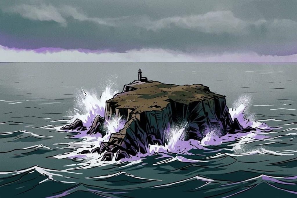 Ilustrasi pulau karang terpencil Eilean Mor di tengah lautan luas yang dihantam ombak dengan mercusuar kecil di atasnya, merepresentasikan lokasi terisolasi dalam Misteri Flannan Isles.
