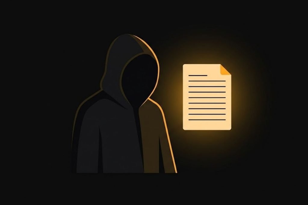 Ilustrasi siluet anonim Satoshi Nakamoto dan dokumen whitepaper Bitcoin.