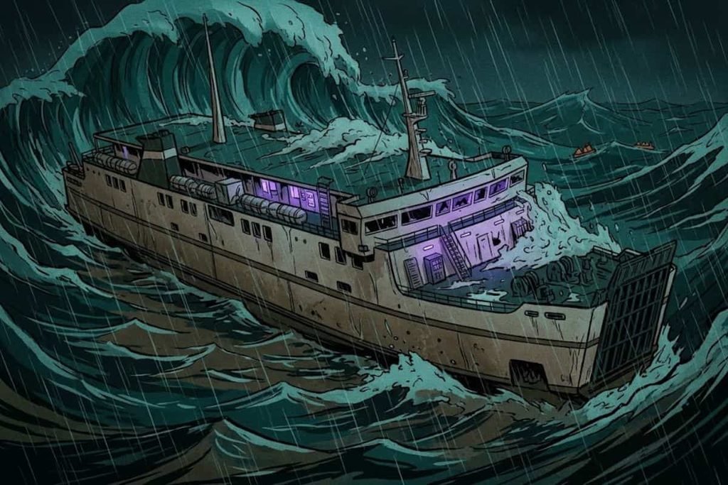 Ilustrasi kapal feri KM Senopati Nusantara yang miring dihantam ombak raksasa di tengah badai, merepresentasikan tragedi tenggelamnya ratusan penumpang di perairan Laut Jawa.