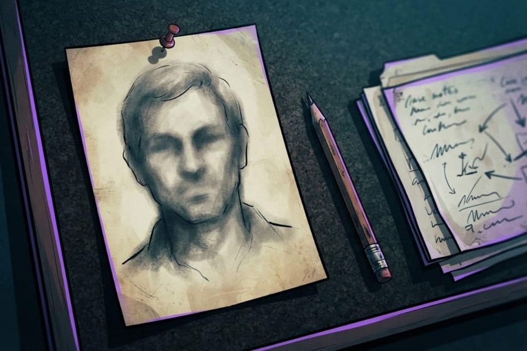 Ilustrasi sketsa wajah tersangka misterius yang tertempel di papan investigasi kepolisian, merepresentasikan sketsa forensik pembunuh berantai The Doodler pada tahun 1975.