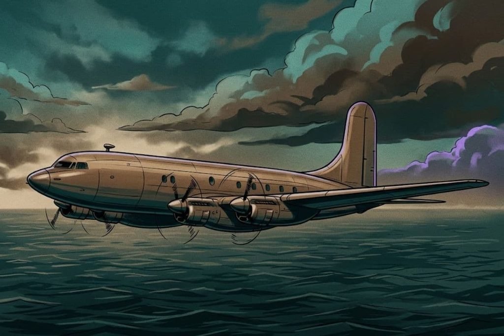 Ilustrasi pesawat Avro Tudor Star Ariel berlayar di atas lautan tenang pada siang hari, merepresentasikan misteri hilangnya pesawat tersebut di tengah cuaca cerah Segitiga Bermuda.