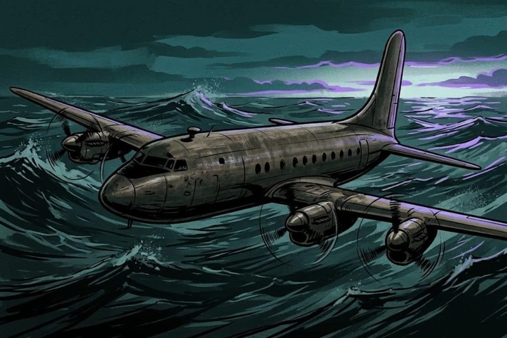 Ilustrasi pesawat Avro Tudor Star Tiger terbang rendah di atas ombak lautan menjelang fajar, merepresentasikan momen kritis sebelum lenyap tanpa jejak di Segitiga Bermuda.