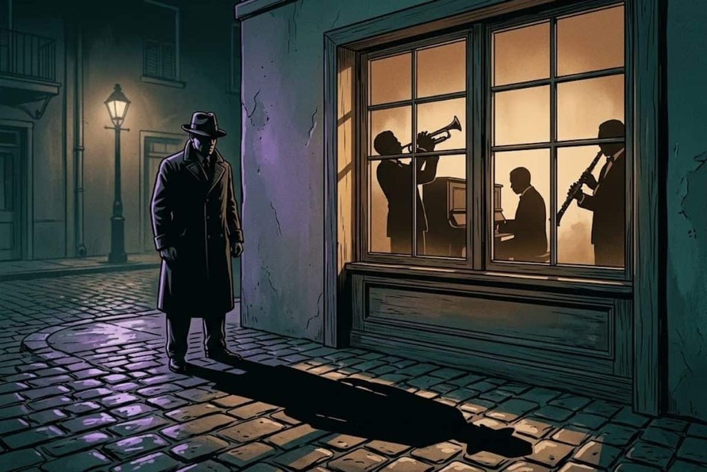 Ilustrasi siluet pria misterius di jalanan gelap mengamati musisi jazz bermain dari balik jendela, merepresentasikan malam ketika warga New Orleans memutar musik untuk menghindari teror Axeman.