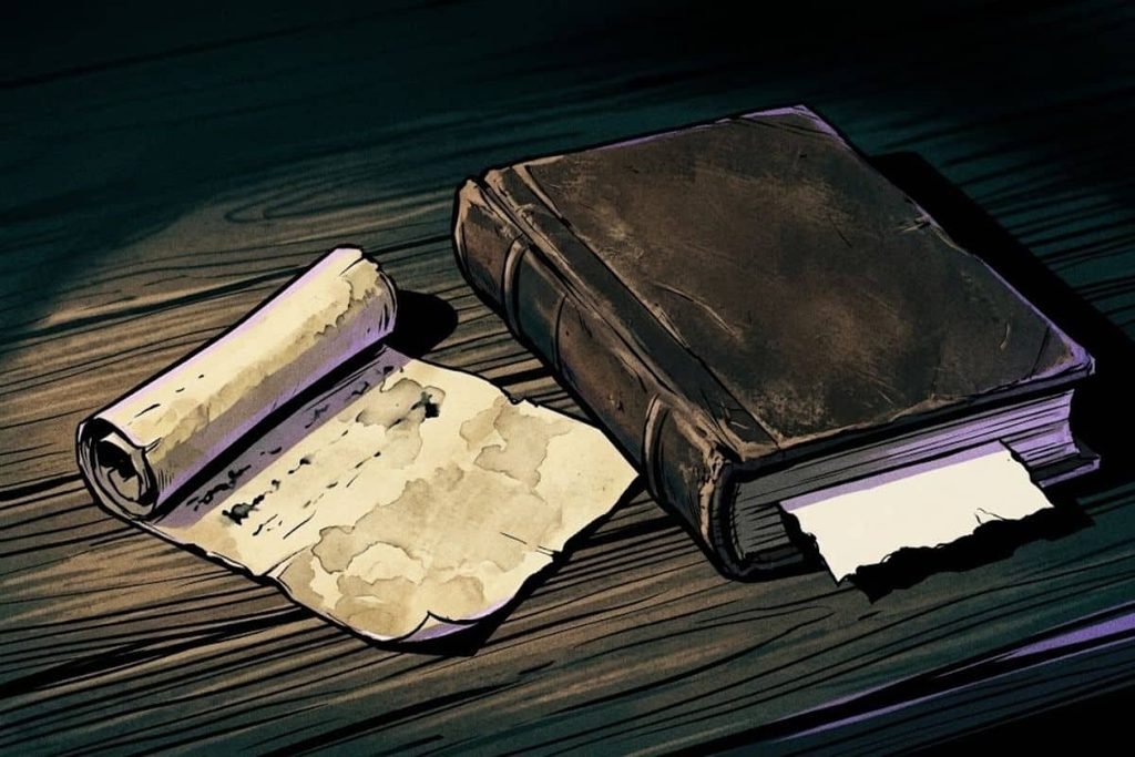 Ilustrasi buku kuno Rubaiyat of Omar Khayyam dan gulungan kertas usang yang sobek, merepresentasikan penemuan petunjuk frasa Tamam Shud pada kasus The Somerton Man.