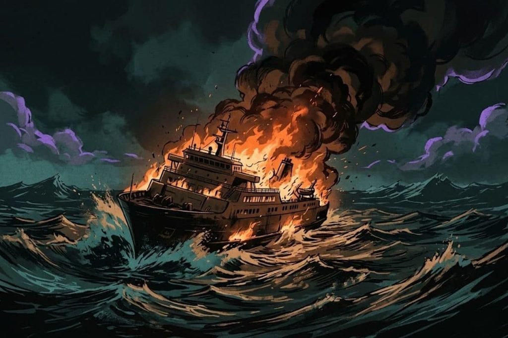 Ilustrasi kapal KMP Tampomas II yang terbakar hebat di tengah amukan ombak, merepresentasikan tragedi maritim mematikan di perairan Segitiga Masalembo pada 1981.