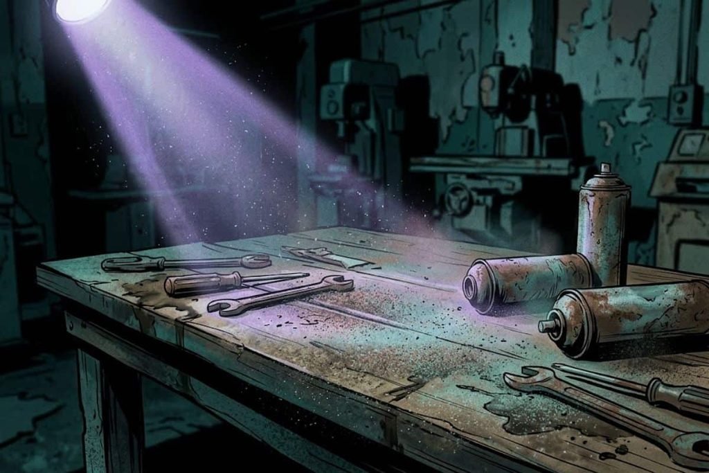 Ilustrasi meja kerja dengan perkakas dan kaleng cat semprot industri di bawah sorotan lampu gudang, merepresentasikan petunjuk forensik utama Jack the Stripper.