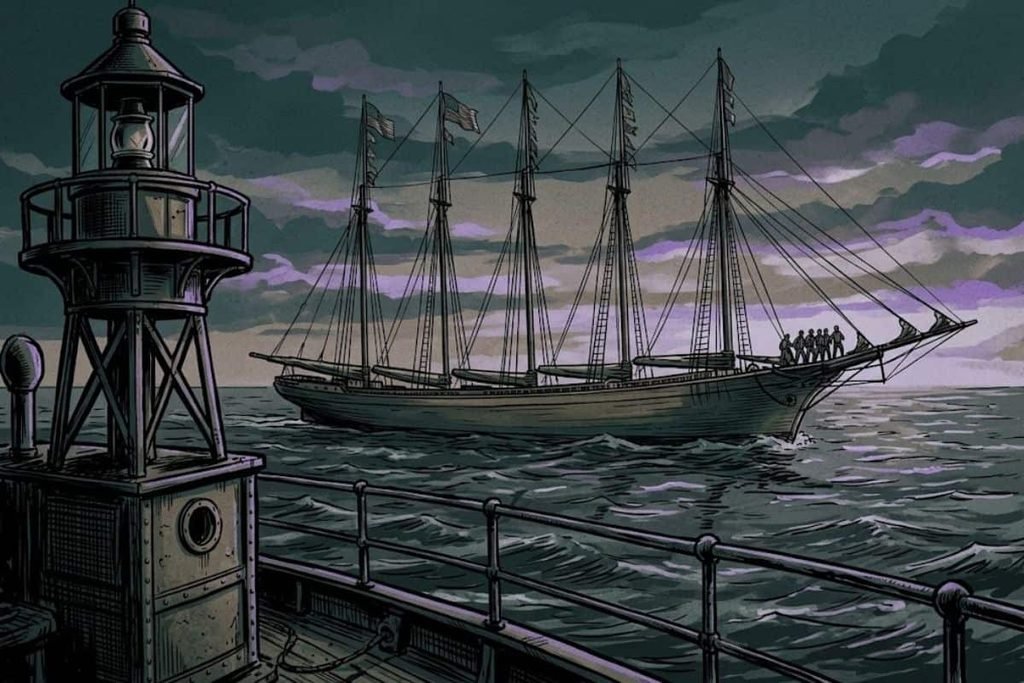 Ilustrasi pemandangan dari kapal mercusuar melihat awak kapal Carroll A. Deering berkerumun secara ganjil di haluan sebelum akhirnya menghilang misterius.