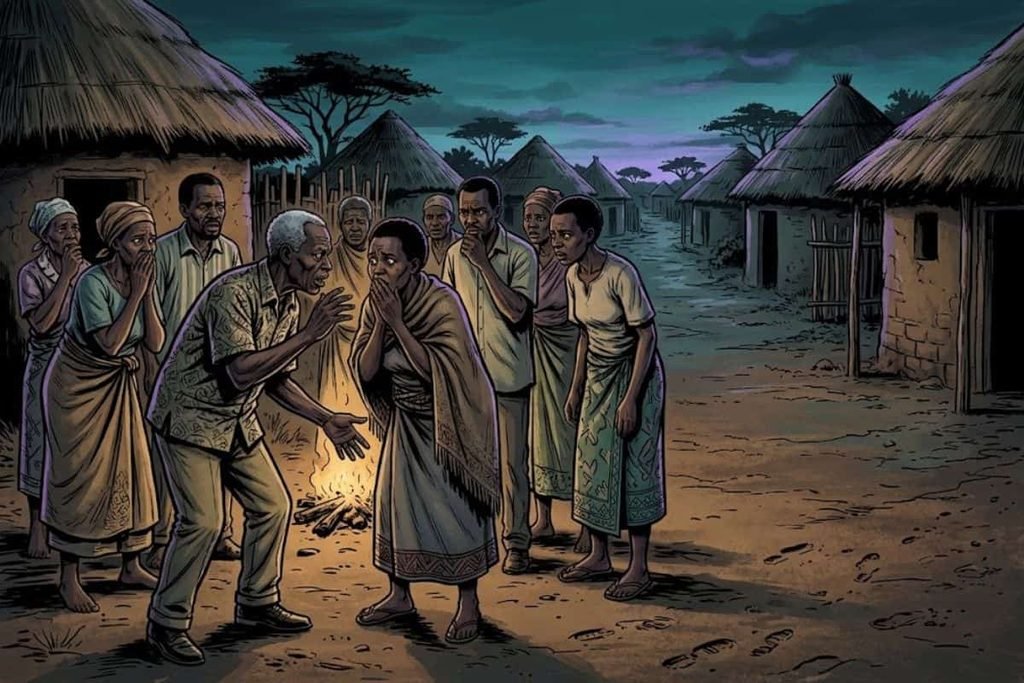 Ilustrasi sekelompok penduduk desa berkumpul dengan wajah cemas di malam hari, merepresentasikan munculnya spekulasi dan teori kutukan gaib di tengah masyarakat terkait wabah tertawa 1962.