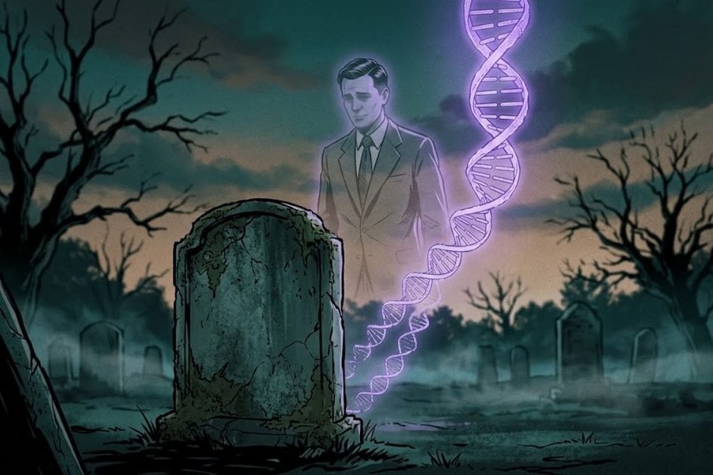 Ilustrasi siluet pria di pemakaman yang dikelilingi untaian DNA bercahaya ungu, merepresentasikan terungkapnya identitas asli The Somerton Man sebagai Carl Webb melalui tes genetik forensik.