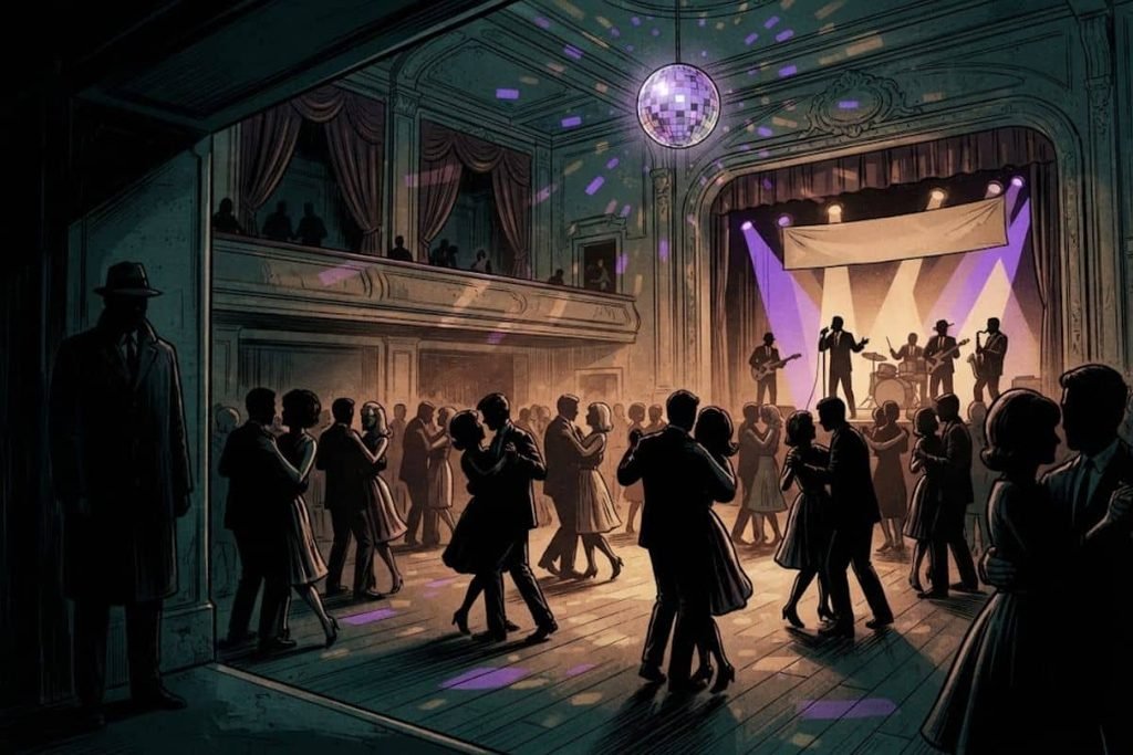 Ilustrasi suasana ramai lantai dansa dengan siluet pria misterius yang mengintai dari sudut gelap, merepresentasikan awal mula teror pembunuhan berantai Bible John di Barrowland Ballroom.