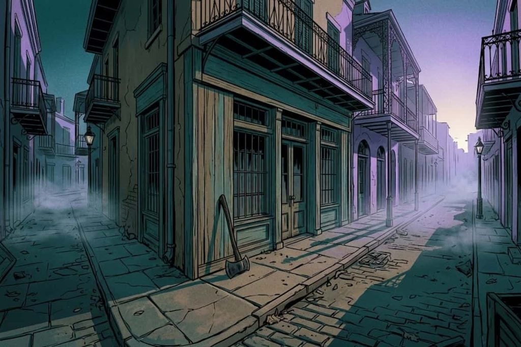 Ilustrasi kapak yang ditinggalkan bersandar di sudut jalanan sepi berkabut, merepresentasikan akhir misteri Axeman of New Orleans yang menghilang tanpa jejak.