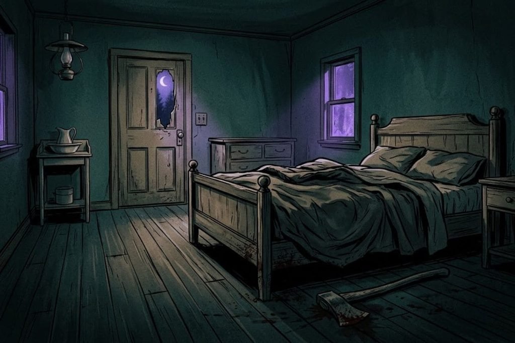 Ilustrasi kamar tidur temaram dengan kapak berdarah tergeletak di lantai dan lubang pahatan pada panel pintu, merepresentasikan modus operandi penyusupan Axeman of New Orleans.