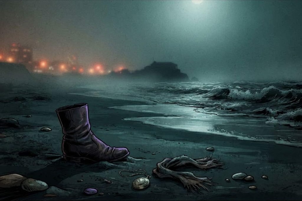 Ilustrasi barang peninggalan korban di atas pasir Ocean Beach yang berkabut pada malam hari, merepresentasikan lokasi penemuan korban pertama pembunuh berantai The Doodler.