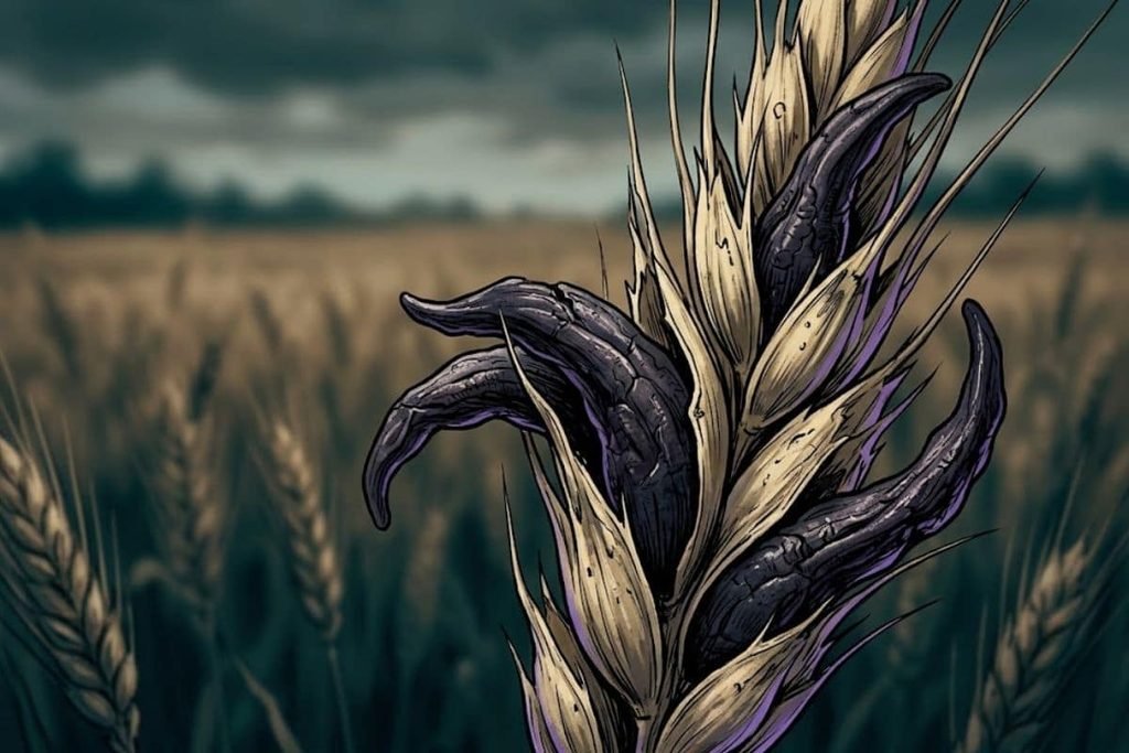 Ilustrasi jarak dekat bulir gandum hitam yang dihinggapi jamur ergot berwarna gelap keunguan, merepresentasikan parasit Claviceps purpurea penyebab tragedi roti beracun.