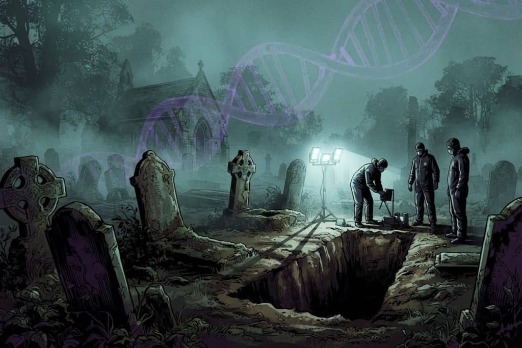 Ilustrasi petugas forensik menggali kuburan di pemakaman malam hari dengan latar pendaran heliks DNA, merepresentasikan pembongkaran makam John Irvine McInnes dalam investigasi misteri Bible John.