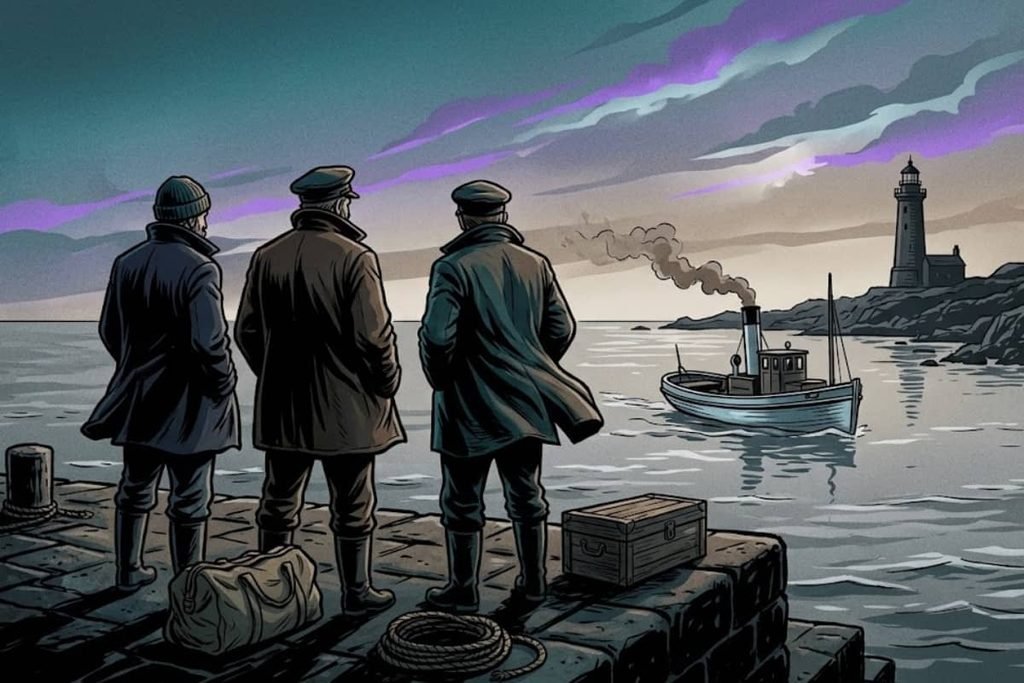 Ilustrasi tiga pria berdiri di dermaga dengan barang bawaan menatap kapal dan mercusuar di kejauhan, merepresentasikan tiga penjaga Flannan Isles yang tak pernah pulang.
