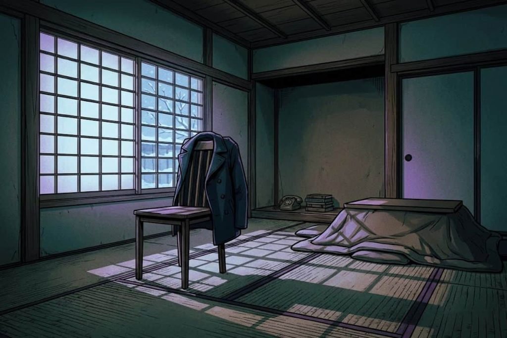 Ilustrasi ruangan tradisional Jepang yang sunyi dengan jaket tertinggal di kursi, merepresentasikan akhir tragis tersangka Boy S dalam kasus perampokan 300 juta yen.