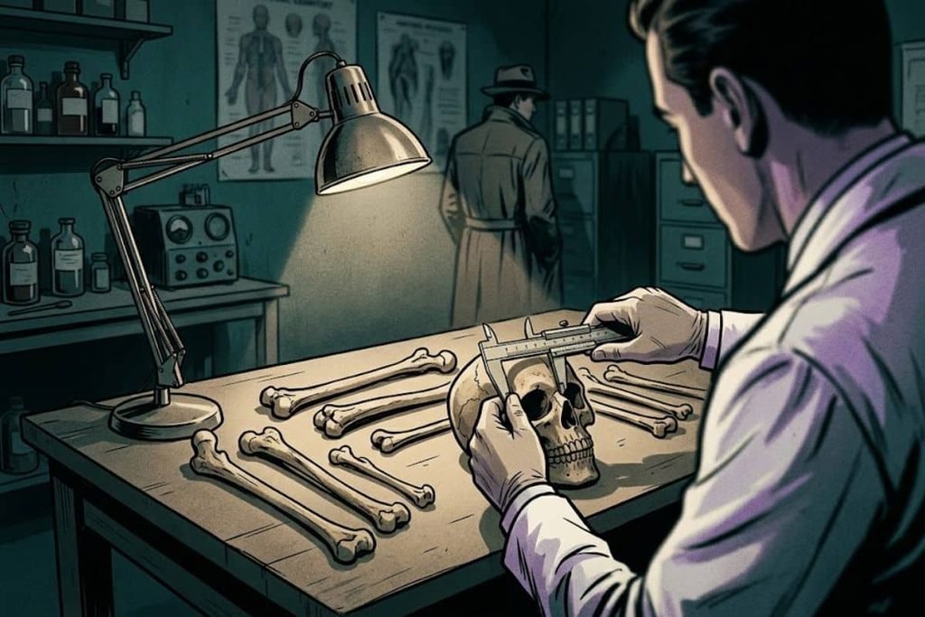 Ilustrasi pemeriksaan forensik tengkorak dan tulang di laboratorium, merepresentasikan Tulang yang Ternyata Bukan Miliknya dalam penyelidikan hilangnya Percy Fawcett.