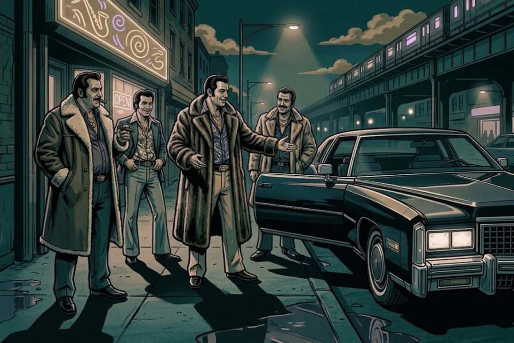 Ilustrasi sekelompok pria bergaya mafia memamerkan mobil mewah dan mantel bulu di jalanan malam, merepresentasikan keserakahan pelaku perampokan Lufthansa Heist yang diabadikan dalam film Goodfellas.